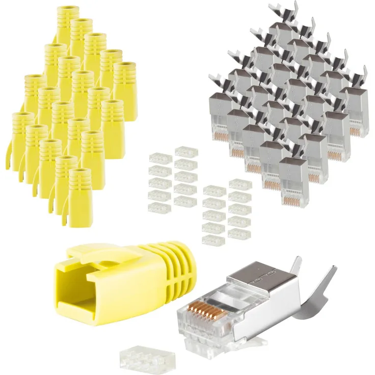 S-CONN maximum connectivity Netzwerk Modular Stecker RJ45 SET für Verlegekabel bis AWG 23, Stecker mit Zugentlastung, Einführhilfe und Tülle, gelb VE 20 (72067-20Y)