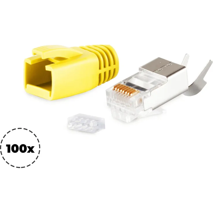 S-CONN maximum connectivity Netzwerk Modular Stecker RJ45 SET für Verlegekabel bis AWG 23, Stecker mit Zugentlastung, Einführhilfe und Tülle, gelb VE 100 (72067-100Y)