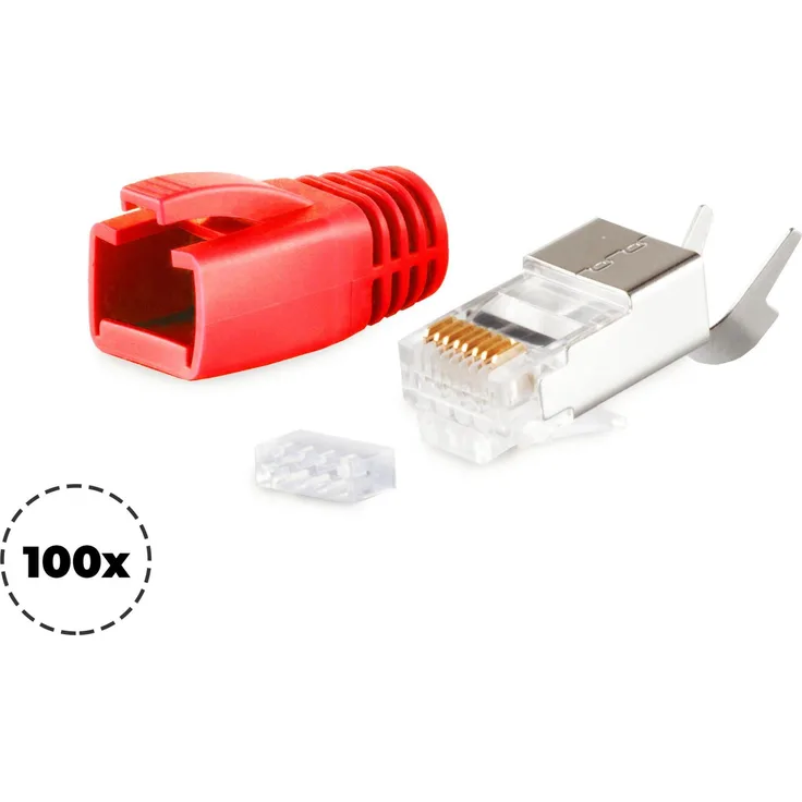 S-CONN maximum connectivity Netzwerk Modular Stecker RJ45 SET für Verlegekabel bis AWG 23, Stecker mit Zugentlastung, Einführhilfe und Tülle, rot VE 100 (72067-100R)
