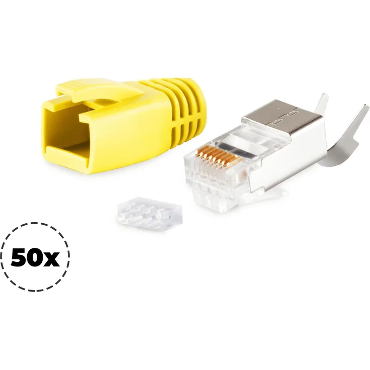 S-CONN maximum connectivity Netzwerk Modular Stecker RJ45 SET für Verlegekabel bis AWG 23, Stecker mit Zugentlastung, Einführhilfe und Tülle, gelb VE 50 (72067-50Y)