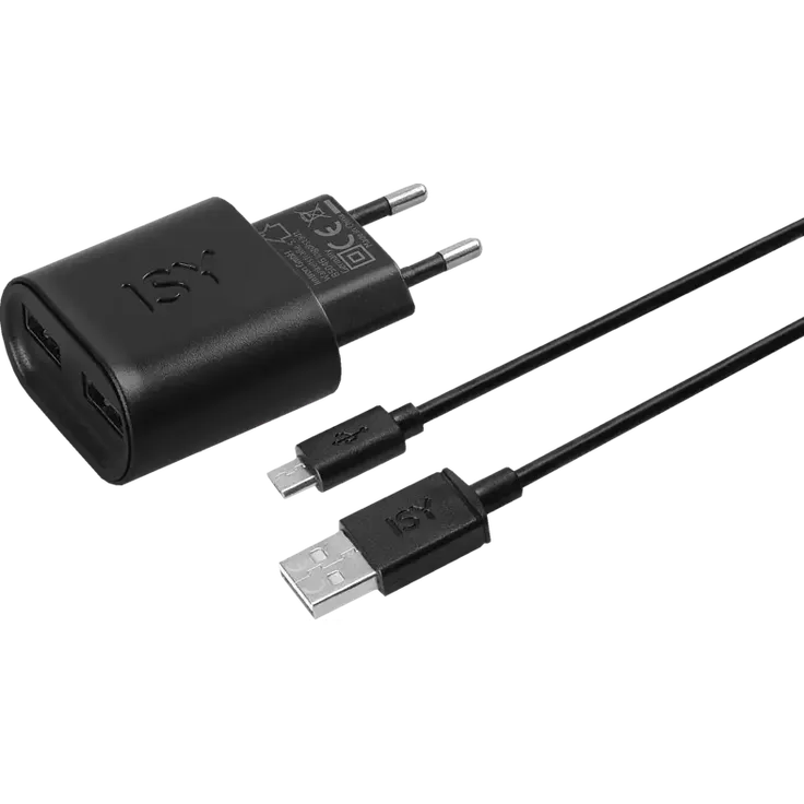 ISY IWC-5200-1 2 Port USB Reiselader & Micro-USB Datenkabel Universal, Schwarz