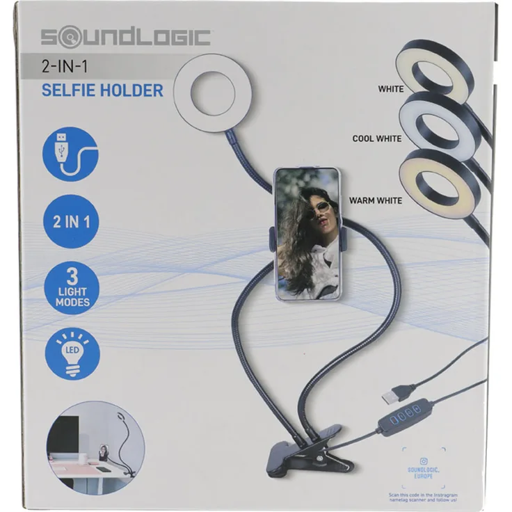 Soundlogic Selfie Holder 2-in 1, LED-Ringlicht, 360° Hals