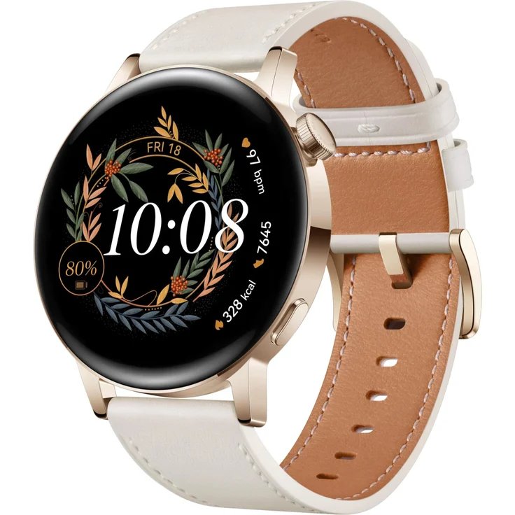 Huawei Watch GT3 Elegant Edition Smartwatch Unisex, 42mm, Lederarmband, Light Gold White – Bild 3