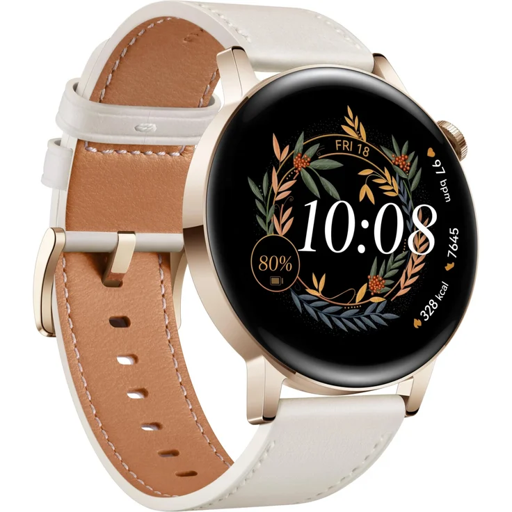 Huawei Watch GT3 Elegant Edition Smartwatch Unisex, 42mm, Lederarmband, Light Gold White – Bild 1