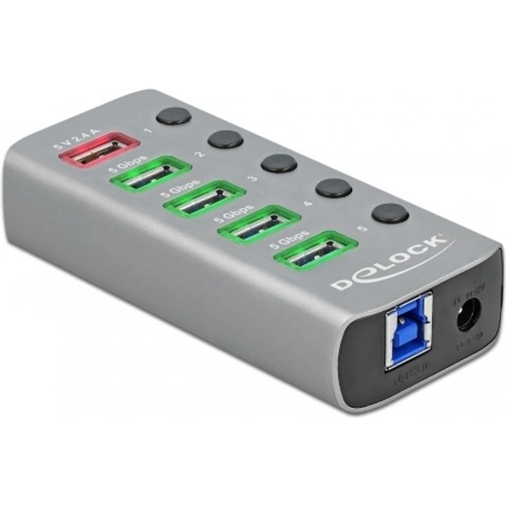 Delock USB 3.2 Gen 1 Hub mit 4 Ports + 1 Schnellladeport + 1 USB-C PD 3.0 Port