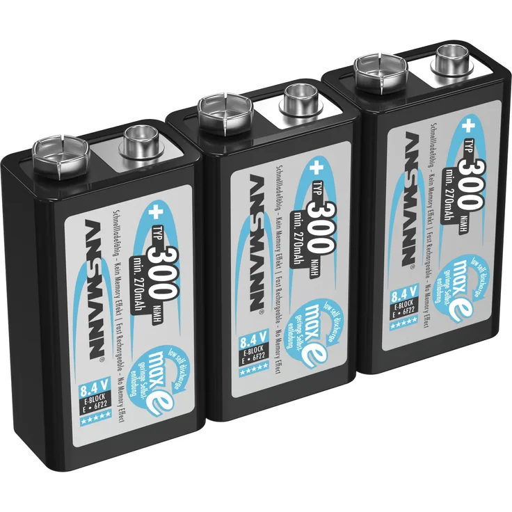 ANSMANN Akku 9V Block Typ 300mAh NiMH 3 Stück, Wiederaufladbare Batterien maxE