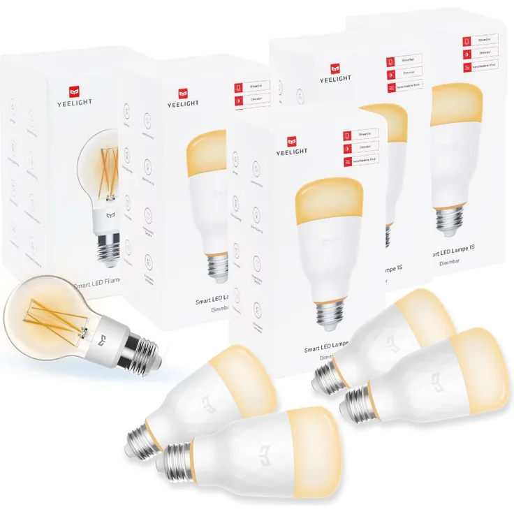 Yeelight 5er Set Leuchtmittel E27: Smart LED 1S (Dimmbar) und Filament Lampe, EU-Version