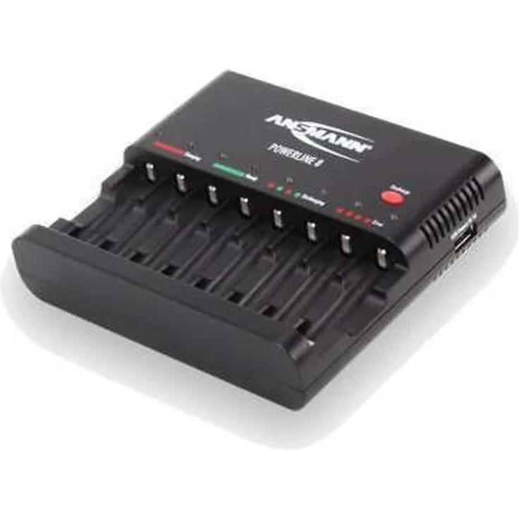 ANSMANN Akku-Ladegerät zum Laden & Entladen von 8x AA-AAA NiMH Akkus - 8-fach Batterieladegerät mit Einzelschachtüberwachung, automatische Abschaltung, Erhaltungsladung & USB Lader - Powerline 8