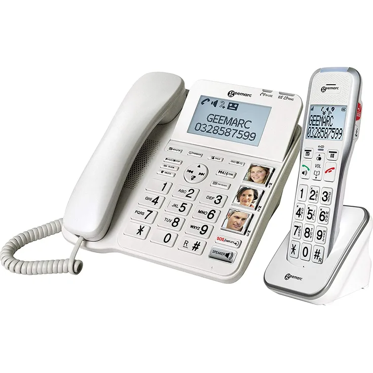Geemarc CL595 schnurgebundenes verstärktes 50 dB Schwerhörigentelefon mit Fototasten, Anrufbeantworter, Sprachansage und SOS Taste