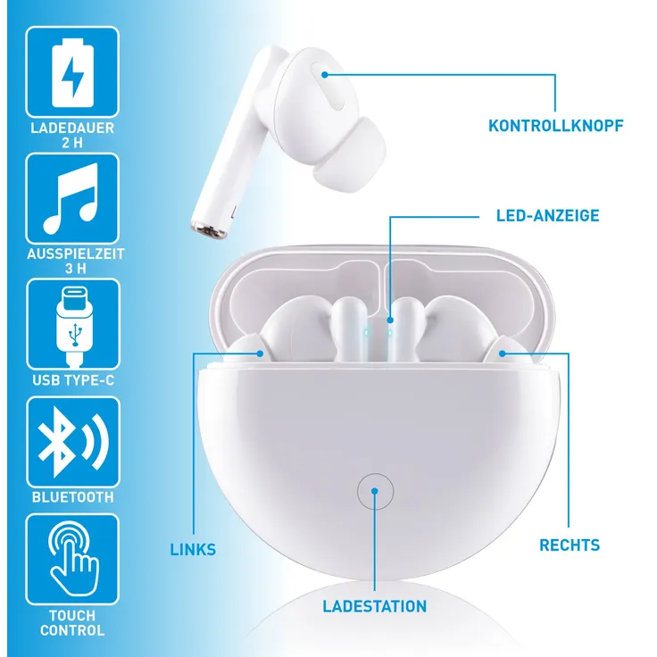 Grundig TWS In-Ear-Kopfhörer, Bluetooth, Integriertes Mikrofon, weiß – Bild 2
