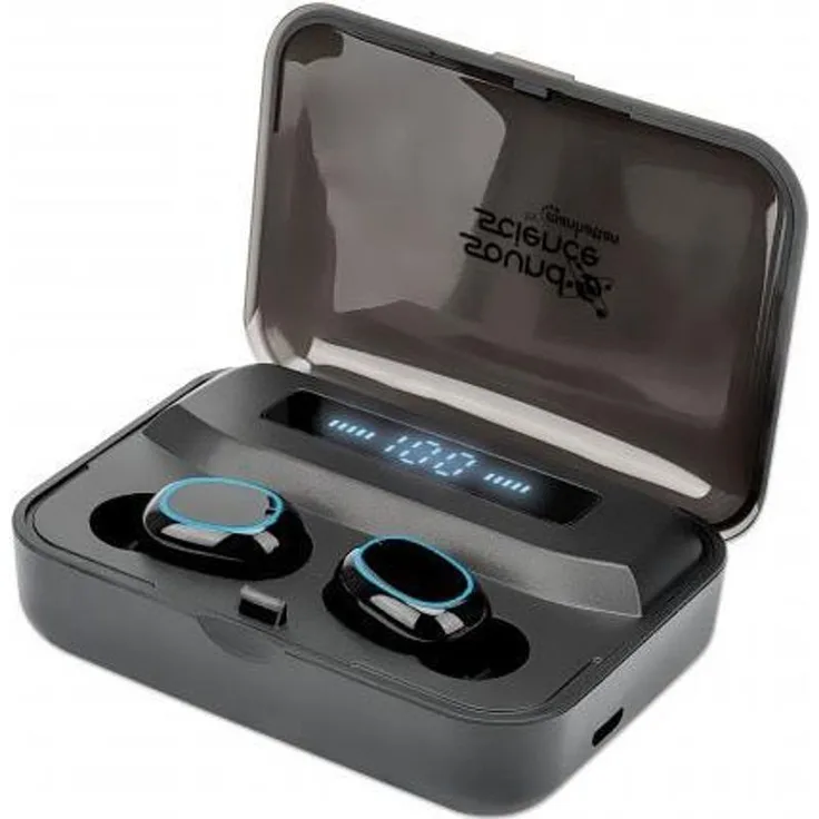 MANHATTAN Sound Science True Wireless In-Ear-Kopfhörer Bluetooth 5.0, Mikrofon, Bedienelemente, Ladecase mit Powerbank-Funktion und Akku-Zifferndisplay, schwarz (180382)