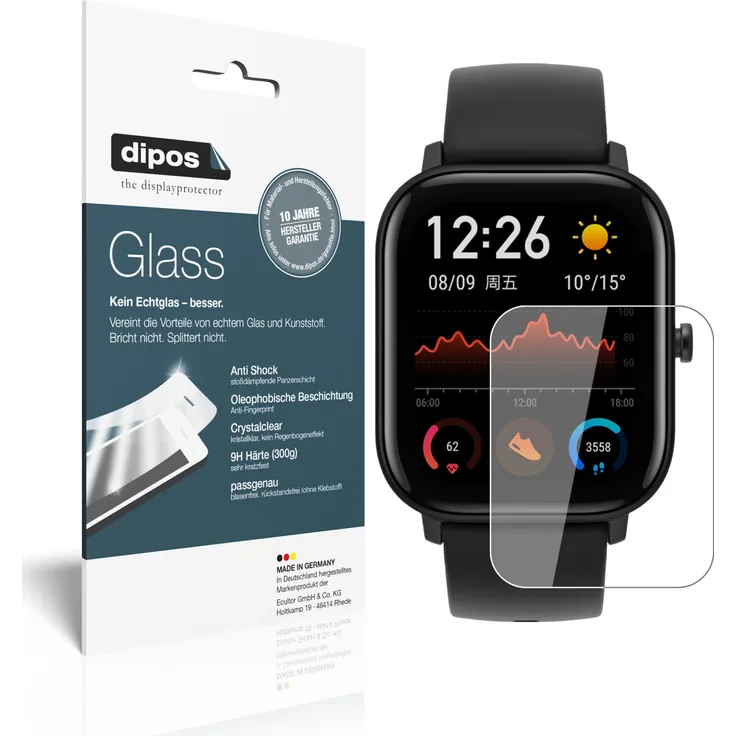 dipos 2x Panzerfolie klar kompatibel mit Huami Amazfit GTS Schutzfolie 9H Displayschutz-Folie (bewusst kleiner als das Glas, da dieses gewölbt ist)
