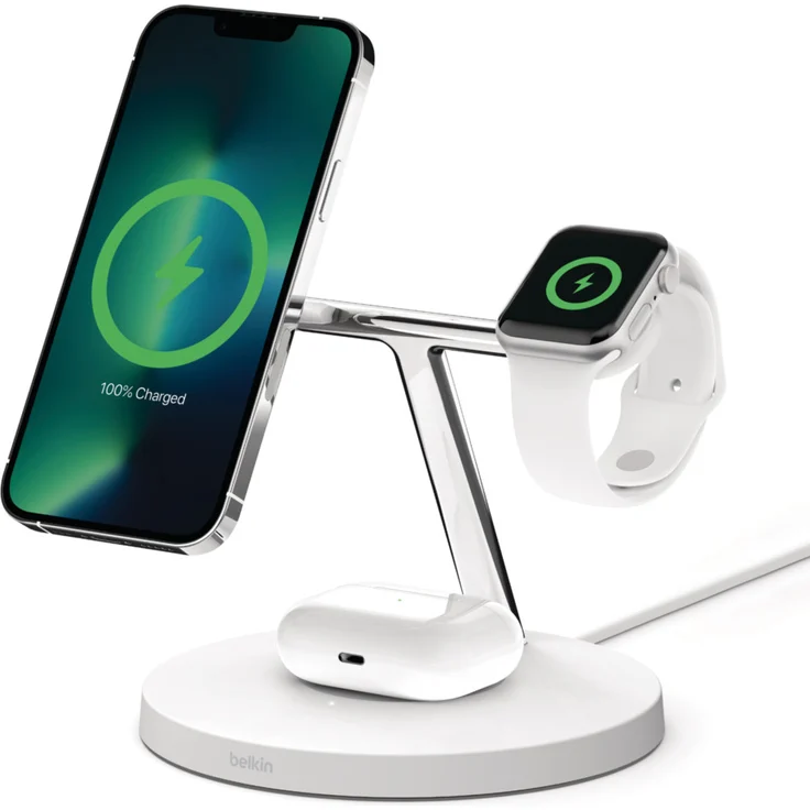 Belkin BoostCharge PRO drahtloses 3-in-1-Ladegerät mit MagSafe für iPhone 14, 13, 12 + Apple Watch + AirPods (lädt iPhone 14-Modelle magnetisch mit bis zu 15 W auf), weiß (WIZ009vfWH) – Bild 2