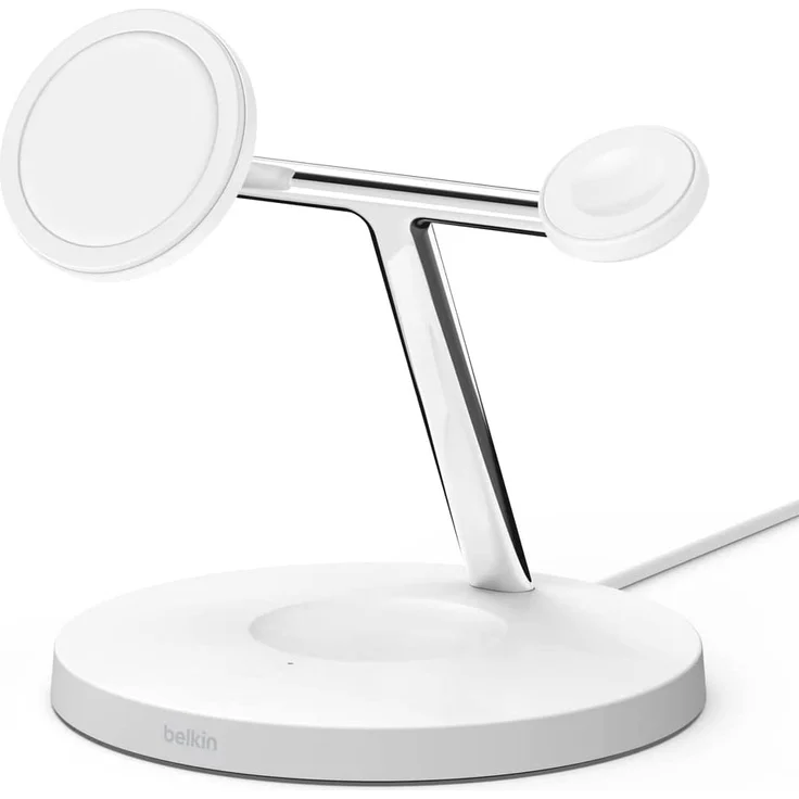 Belkin BoostCharge PRO drahtloses 3-in-1-Ladegerät mit MagSafe für iPhone 14, 13, 12 + Apple Watch + AirPods (lädt iPhone 14-Modelle magnetisch mit bis zu 15 W auf), weiß (WIZ009vfWH) – Bild 1