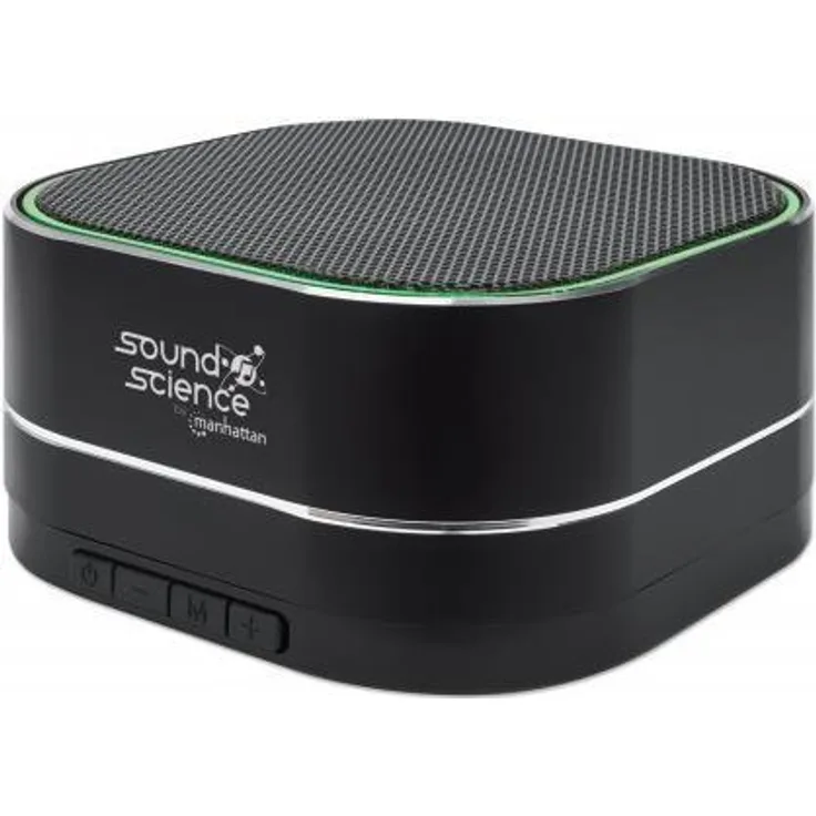 MANHATTAN Sound Science Metallic LED Bluetooth-Lautsprecher Bluetooth 5.0, Mikrofon für Freisprechfunktion, Bedienelemente, FM-Radio, MicroSD-Kartenslot, schwarz (164993)