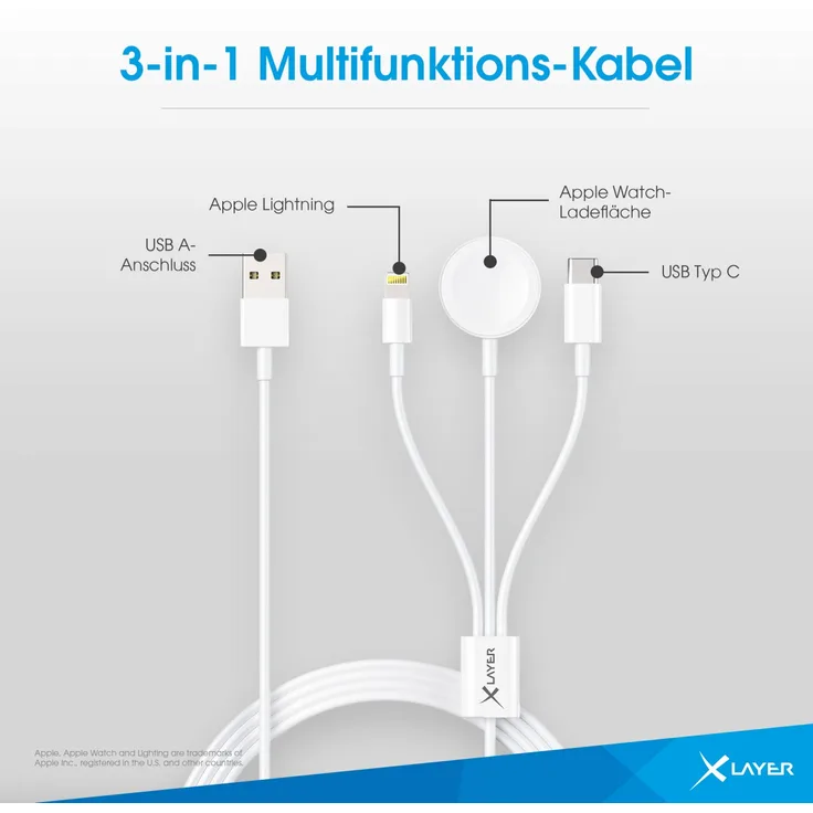 Xlayer Ladekabel 3in1 für Apple Watch, Lightning