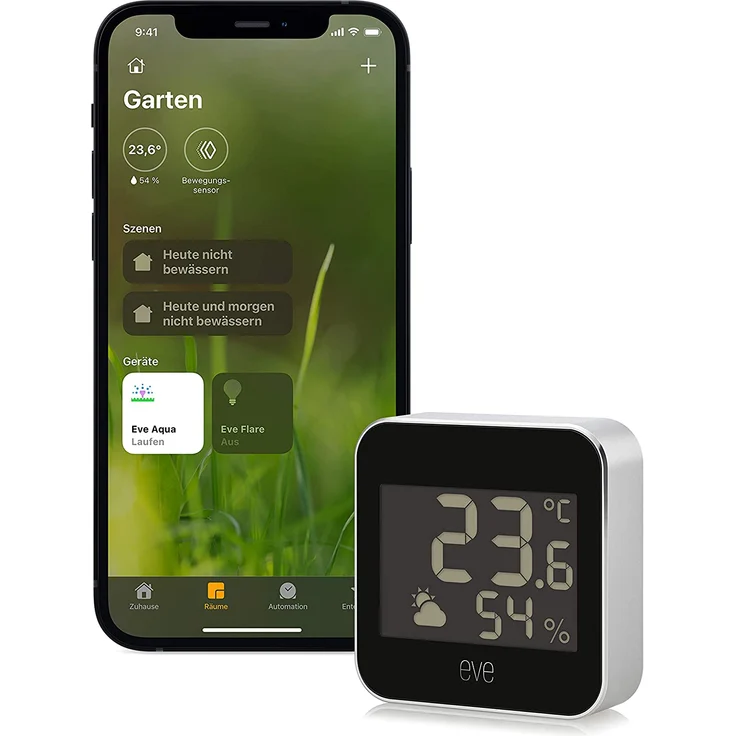 Eve Weather - Smarte Wetterstation (digitales Thermometer & Hygrometer mit Wettertrend-Anzeige), IPX4-Wasserbeständigkeit, kabelloser Batteriebetrieb, Bluetooth/Thread, Apple HomeKit, schwarz – Bild 1