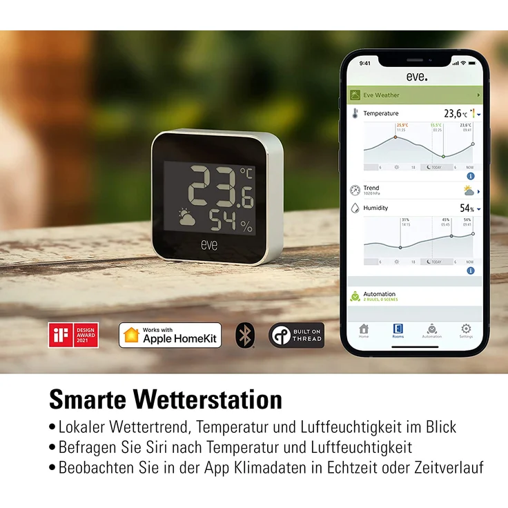 Eve Weather - Smarte Wetterstation (digitales Thermometer & Hygrometer mit Wettertrend-Anzeige), IPX4-Wasserbeständigkeit, kabelloser Batteriebetrieb, Bluetooth/Thread, Apple HomeKit, schwarz – Bild 2