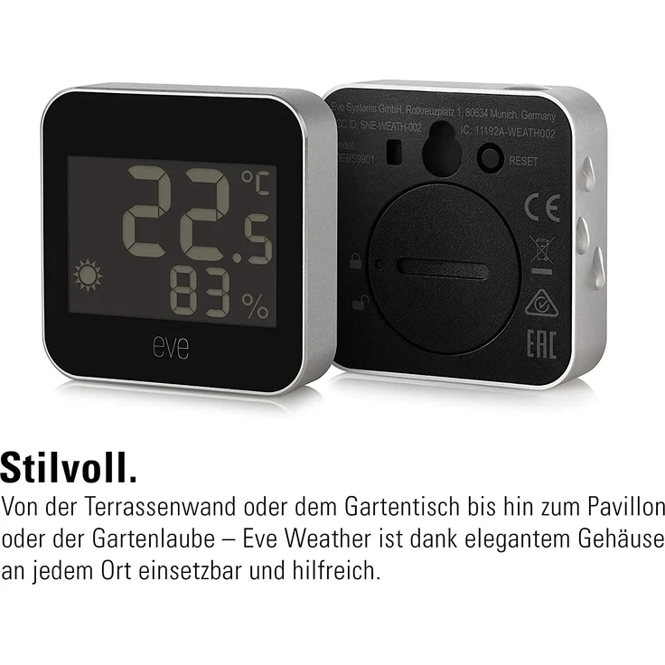 Eve Weather - Smarte Wetterstation (digitales Thermometer & Hygrometer mit Wettertrend-Anzeige), IPX4-Wasserbeständigkeit, kabelloser Batteriebetrieb, Bluetooth/Thread, Apple HomeKit, schwarz – Bild 3