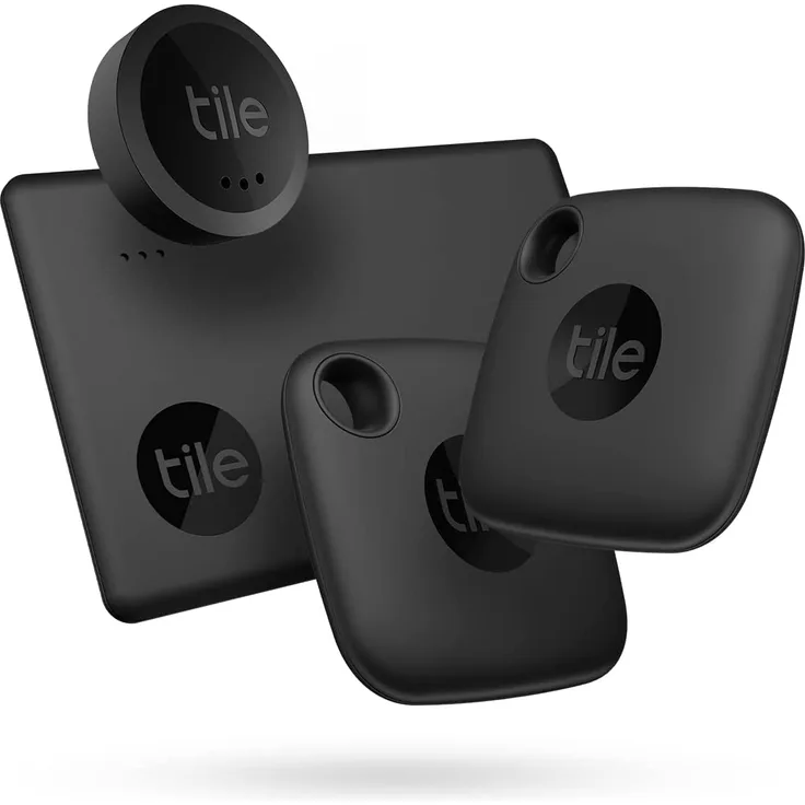Tile Essentials (2022) Schlüsselfinder - 4er Pack (2 Schwarz Mates, 1 Slim, 1 Sticker) inkl. Community Suchfunktion, iOS und Android App, kompatibel mit Alexa und Google Home (RE-47004)