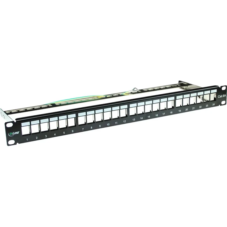 InLine Patchfeld Cat.6A 24-fach, Keystone Snap-In Leerblech Patchpanel, 48,26cm (19''), 1HE, schwarz