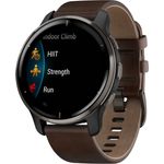 Garmin Venu 2 Plus Smartwatch GPS, Unisex, 43 mm, Edelstahl, Polymergehäuse, Leder, Schiefergrau/Braunes Leder