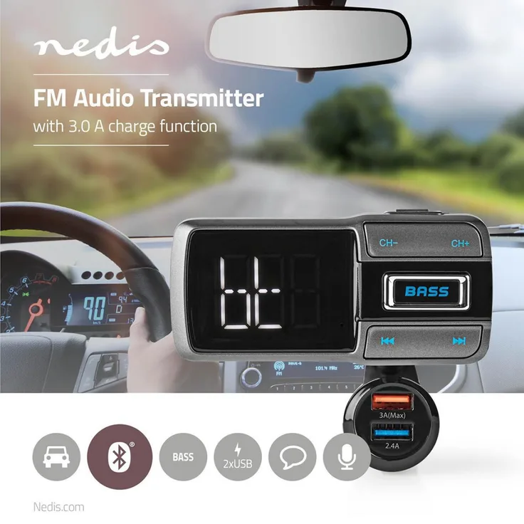 Nedis Kfz Audio FM Transmitter - Schwanenhals - freisprechend - 2.0 - LED Bildschirm - Bluetooth - QC 3.0 - 5.0 V DC - 2.4 A - Schnellladung - Bass Boost - Google Assistant - Siri - Grau - Schwarz