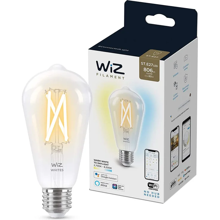 WiZ LED Smart Leuchtmittel, Wi-Fi BLE, 60 W, ST64, E27, CL, warmweiß (929003018601)
