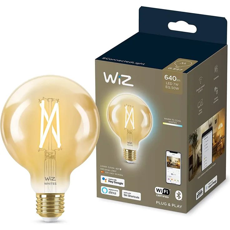 WiZ Smarte Tunable White Amber Glass LED Lampe, E27 Globeform, 50 W, Vintage-Design, warmweißes bis kaltweißes Licht, steuerbar über WiZ App oder WiZ Click