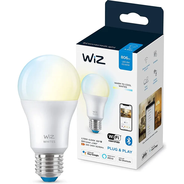 WiZ Smarte Tunable White LED Lampe, E27 Standardform, 60 W, warmweißes bis kaltweißes Licht, steuerbar über WiZ App oder WiZ Click, Bulb