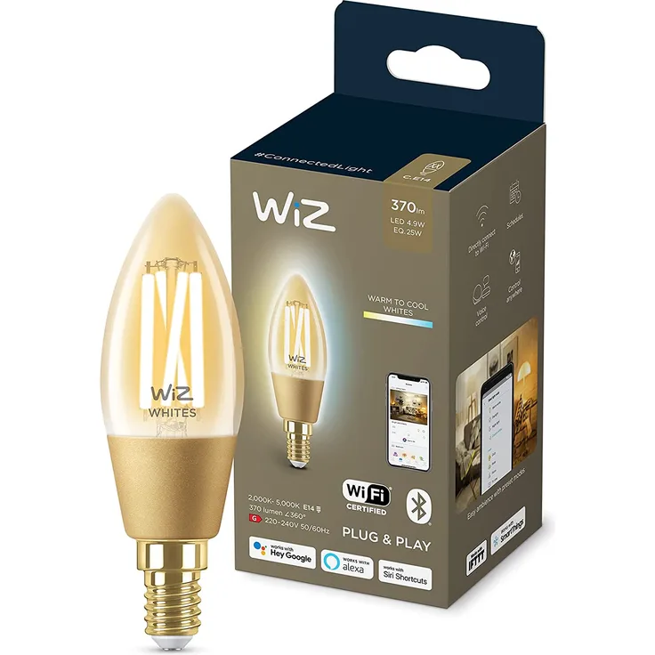 WiZ Smarte Tunable White Amber Glass LED Lampe, E14 Kerzenform, 25 W, Vintage-Design, warmweißes bis kaltweißes Licht, steuerbar über WiZ App oder WiZ Click