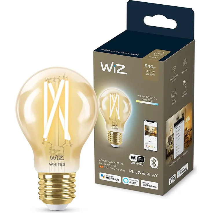WiZ Smarte Tunable White Amber Glass LED Lampe, E27 Standardform, 50 W, Vintage-Design, warmweißes bis kaltweißes Licht, steuerbar über WiZ App oder WiZ Click