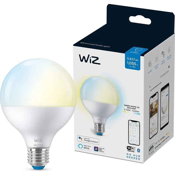 WiZ Smarte Tunable White LED Lampe, E27 Globeform, 75 W, warmweißes bis kaltweißes Licht, steuerbar über WiZ App oder WiZ Click