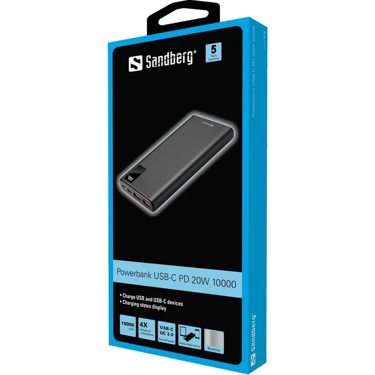 Sandberg Powerbank 420-58, USB-C PD 20W 10000, Black, Universal, Aluminium, Rectangle, 10000 mAh, USB – Bild 2