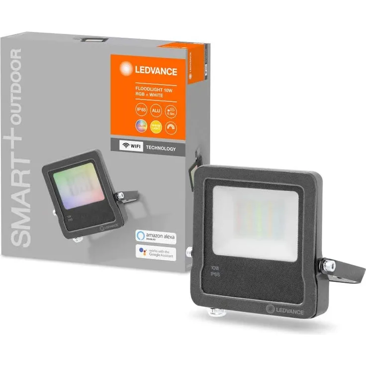 LEDVANCE SMART+ WIFI FLOOD Smarte LED Außenleuchte mit WiFi Technologie, Flutstrahler für Außen, RGB-Farben änderbar, 10W, aus dunkelgrauem Aluminium, Kompatibel mit Google und Alexa Voice Control