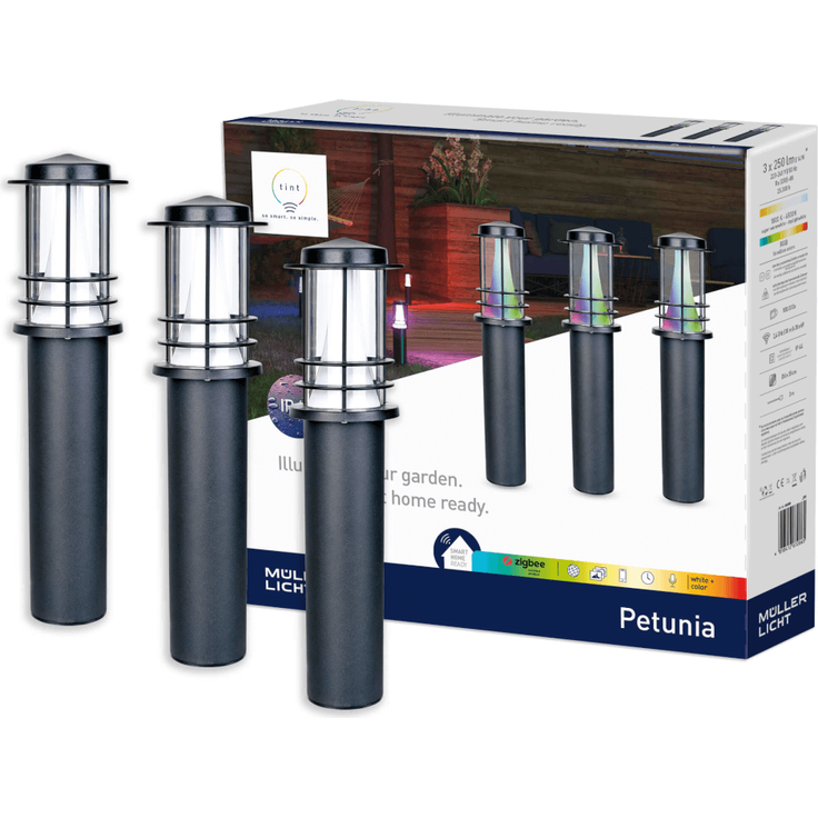 Müller-Licht tint Outdoor LED-Wegeleuchten Petunia 3er Set RGBW white+color 14W 750lm 2700K ZigBee Außenbereich