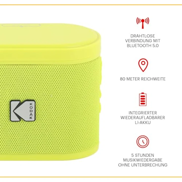 Kodak SOUNDBRIX Tragbarer Bluetooth-Lautsprecher, 5 W RMS, magnetische Dockingstation, verbindet bis zu 100 Lautsprecher, 3 Stunden Akkulaufzeit, gelb – Bild 2