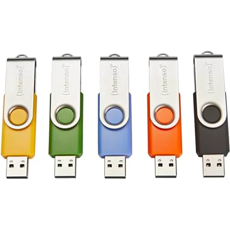 Intenso Basic Line 5X 32 GB USB-Sticks USB 2.0 mit Beschriftungsetiketten, 5er Pack, Gelb, Grün, Schwarz, Blau + Orange, silberner Metallbügel – Bild 1