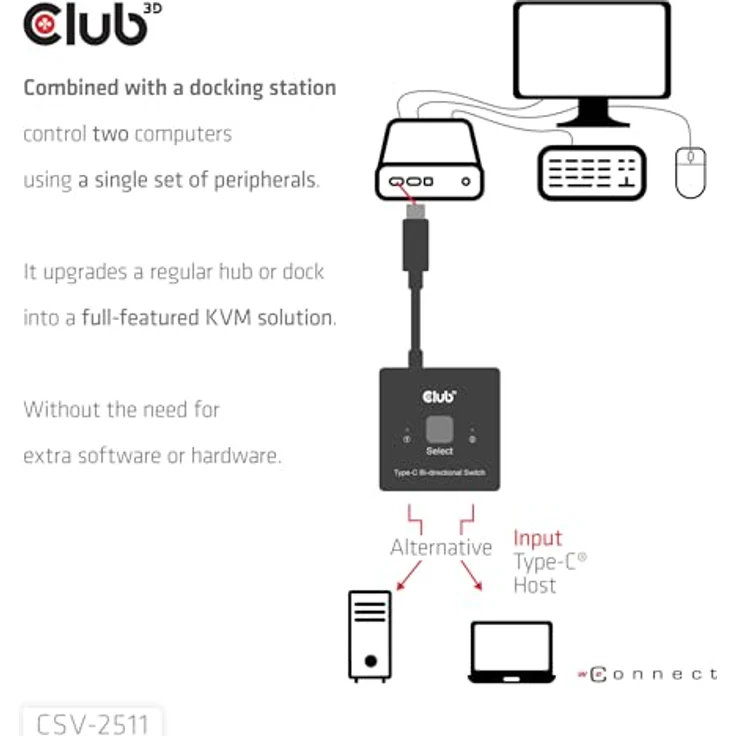 club3D CSV-2511 USB-C® Umschalter, bidirektional, 8K Auflösung, 10 Gbps Datenübertragung, PD 3.0 Unterstützung – Bild 7