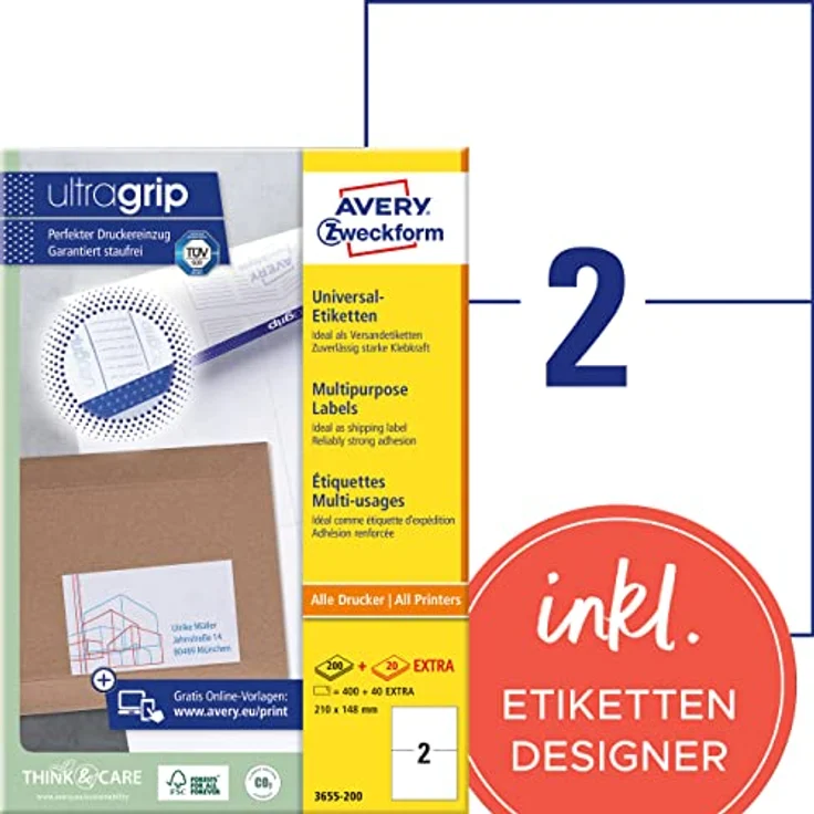 AVERY Zweckform 3655-200 Universal Etiketten (400 plus 40 Klebeetiketten extra, 210x148mm auf A4, bedruckbare Versandetiketten, selbstklebende Versandaufkleber mit ultragrip, DHL) 220 Blatt, weiß – Bild 1