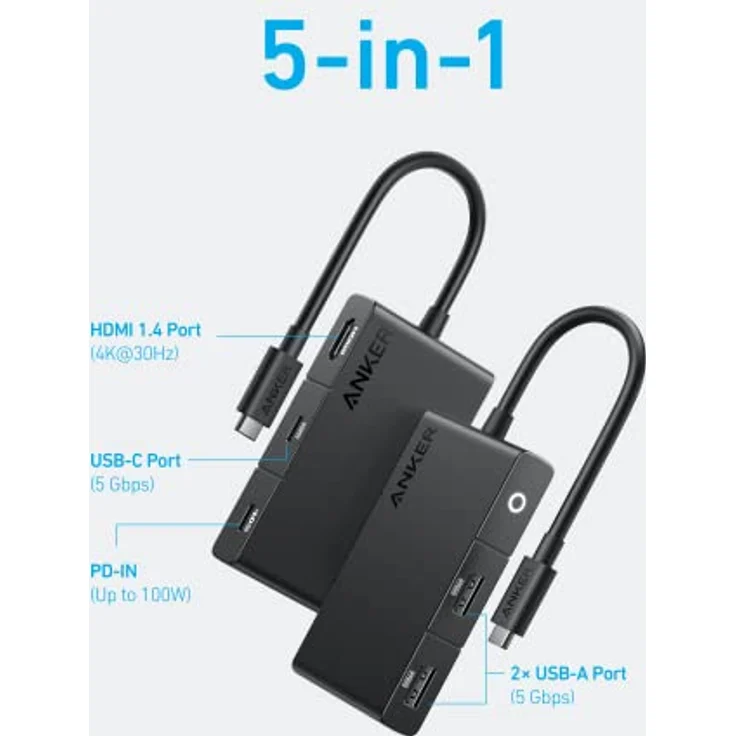 Anker USB-C Hub, 332 USB-C Hub (5-in-1, 4K HDMI) mit 100W Power Delivery, 4K@30Hz HDMI Display, 5Gbps USB-C und USB-A Datenanschlüsse für MacBook, iPad, Lenovo, Dell, HP Laptops, und mehr (Schwarz) – Bild 2