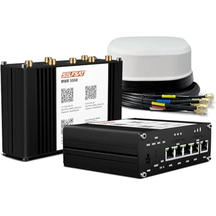 SELFSAT MWR 5550 5G Cat 20, WLAN Router bis 3,3 Gbps mit SATCO 5G Antenne, weiß, VPN-fähig und MIMO-Technologie