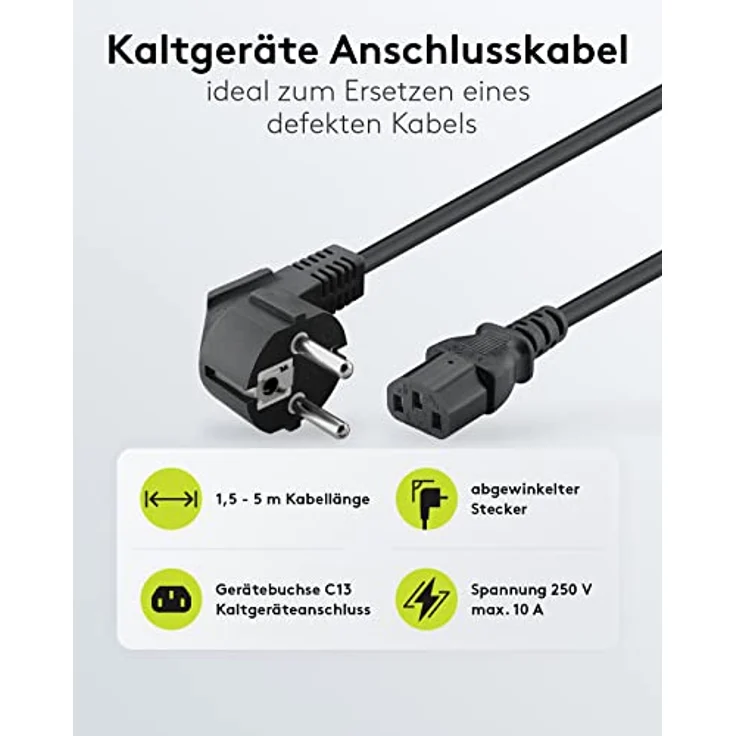 Wentronic Goobay Kaltgeräte Anschlusskabel abgewinkelt, 1,5 m, Schwarz - Typ F (Typ F, CEE 7/7) > Gerätebuchse C13 (Kaltgeräteanschluss) (68604) – Bild 3