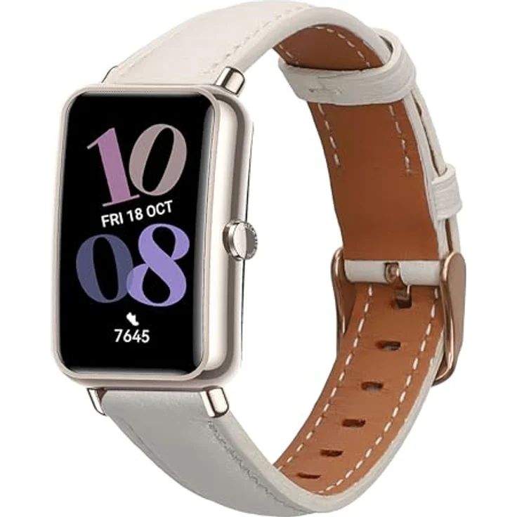 kwmobile Echtleder Uhrenarmband für Huawei Watch Fit mini, verstellbares Ersatzarmband aus hochwertigem Leder in Weiß Braun – Bild 1