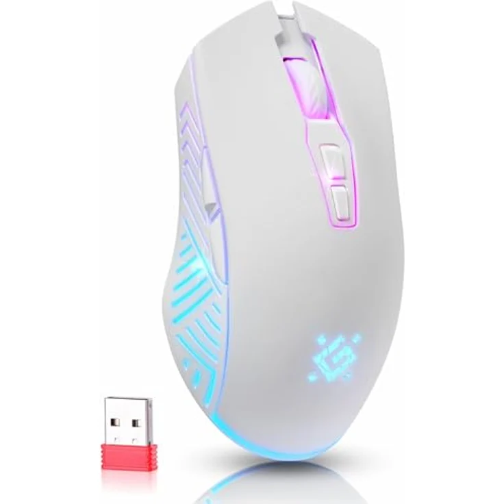 Defender® Pandora Kabellose Gaming Maus, Geräuschlose Klicks, 5 programmierbare Tasten, RGB-Beleuchtung, bis zu 120 Std. Akkulaufzeit, Wireless Gamer Maus für PC, Mac, Laptop, Weiß – Bild 1