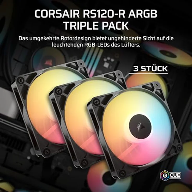 CORSAIR RS120-R ARGB Gehäuselüfter, 120-mm-PWM, 5 ARGB-Reverse-Lüfter, hoher statischer Druck, Zero-RPM-Modus, Daisy-Chain-Schaltung, schwarz, Dreierpack – Bild 3