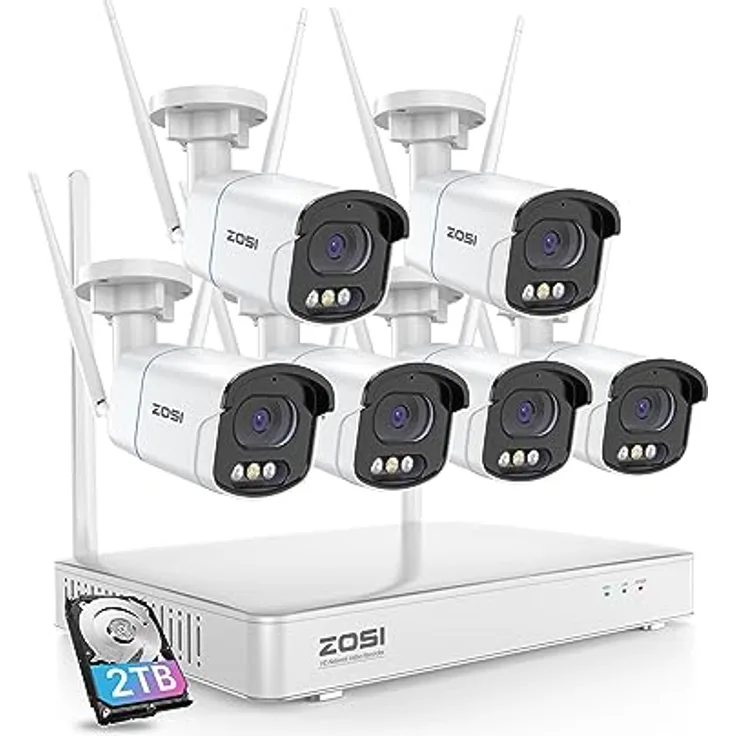 ZOSI 4MP WLAN Überwachungskamera Set Aussen, 6X WiFi Kamera Outdoor Set, 8CH 2.5K NVR mit 2TB Festplatte, Intelligente Nachtsicht, Personen- und Fahrzeugerkennung, Spotlight Warnung