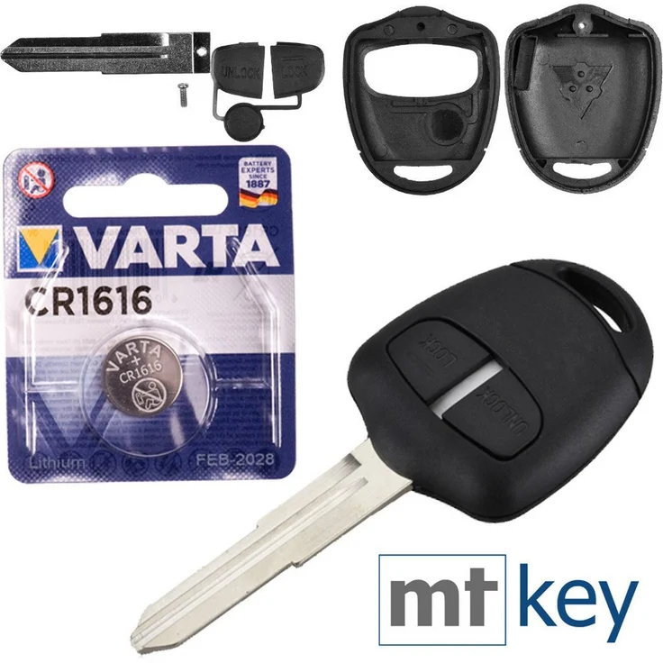 mt-key Autoschlüssel Ersatz Gehäuse für Mitsubishi Grandis ASX Space Star, 2 Tasten, inkl. MIT11R Rohling und VARTA CR1616 Knopfzelle