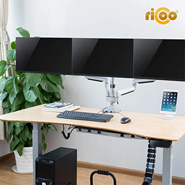 RICOO Triple Monitor Halterung Tisch Gasdruckfeder für 15-29 Zoll, Ergonomisch, VESA Tischhalterung, Monitorarm TS9911, Monitorhalterung 3 Monitore Arm Bildschirmhalterung Bildschirm Halter - Schwarz – Bild 4