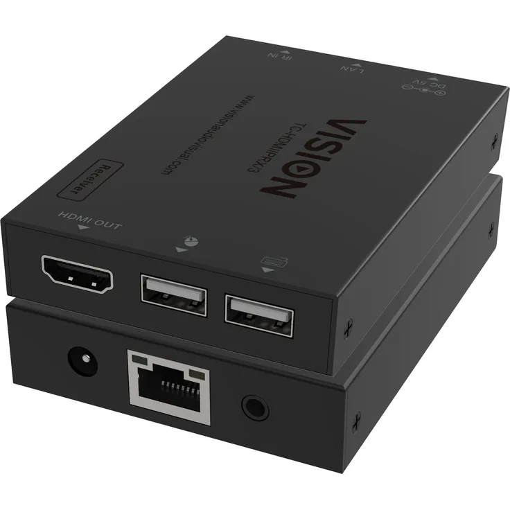 Vision HDMI-over-IP Transmitter, KVM Switch mit IR-Durchleitung, Auflösung bis 1920x1200, bis 150m Reichweite, Schwarz
